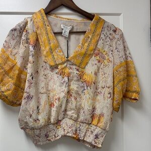 Rachel Zoe Cream and Yellow Floral Puff-Sleeve Blouse